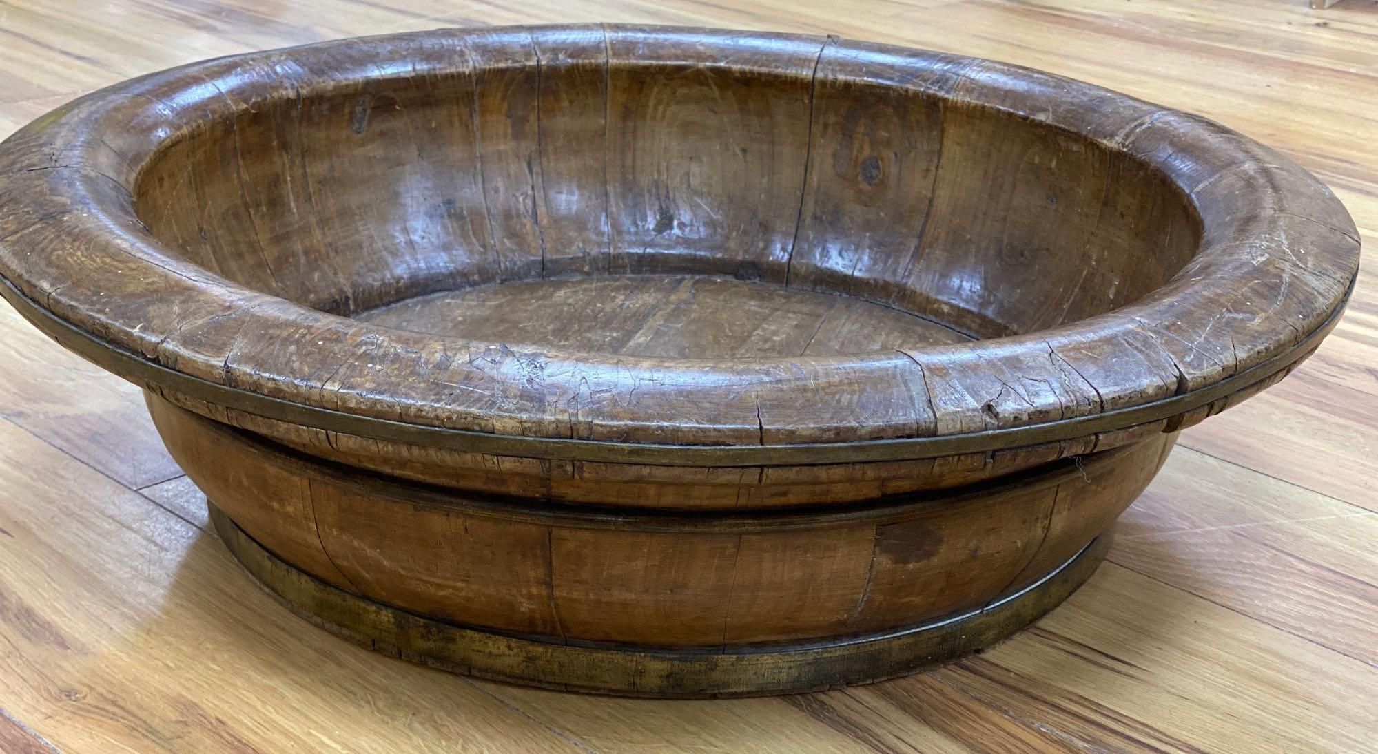 A large Eastern fruitwood coopered spice bowl, early 20th century, diameter 68cm